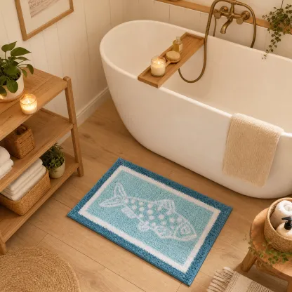 Blue Frame Spotted Fish Flocked Rug
