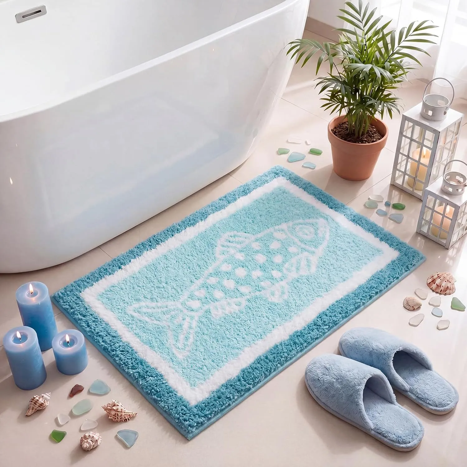 Blue Frame Spotted Fish Flocked Rug