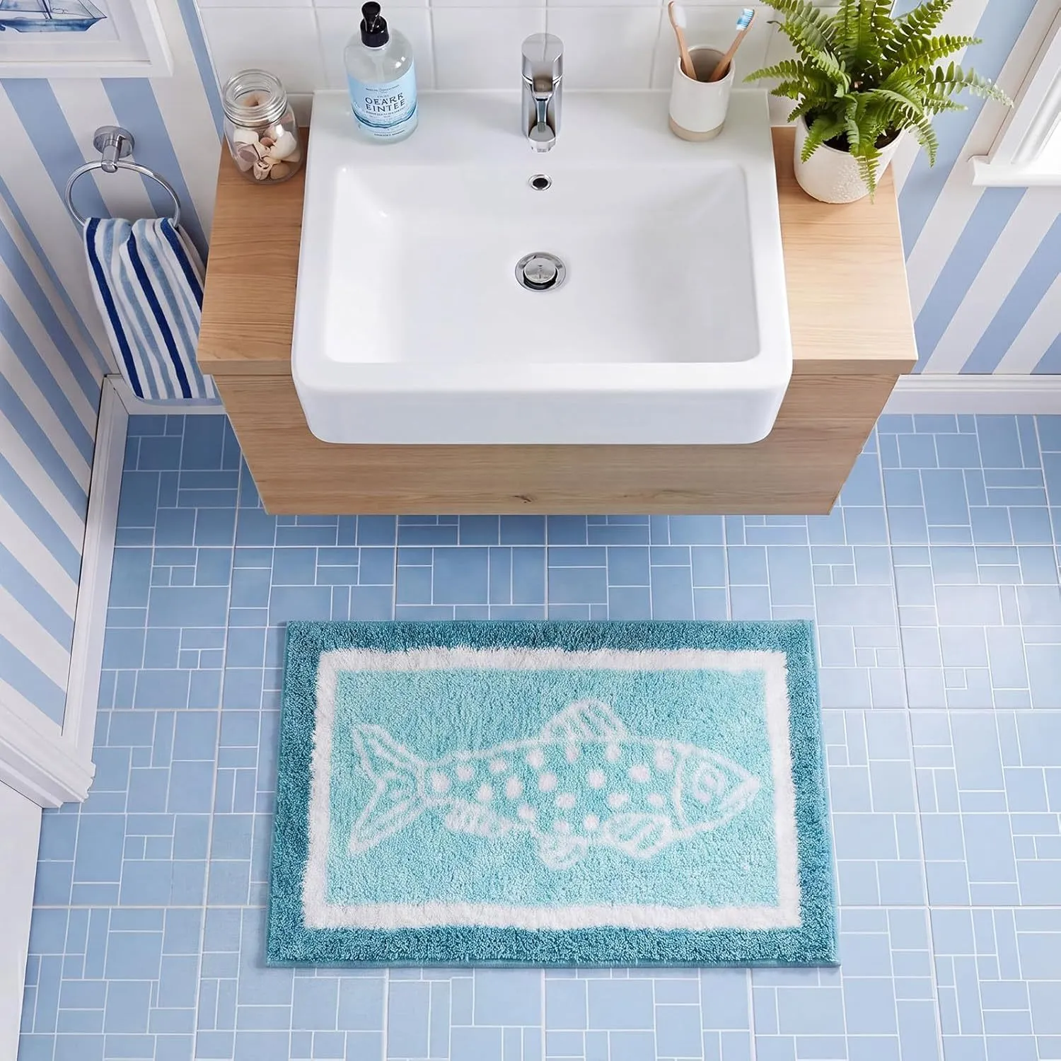 Blue Frame Spotted Fish Flocked Rug