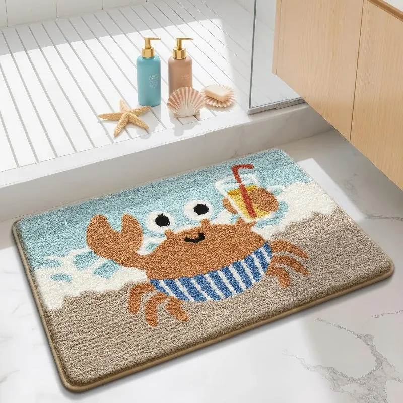 Coastal Happy Crab Flocked Rug