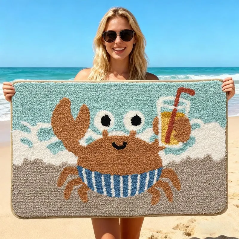 Coastal Happy Crab Flocked Rug