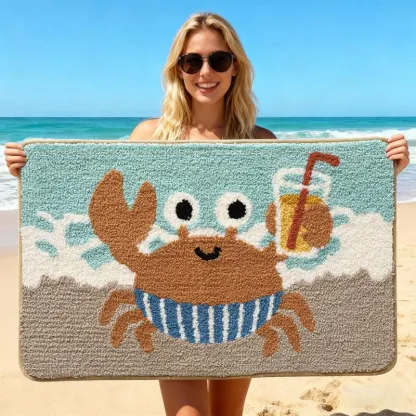 Coastal Happy Crab Flocked Rug