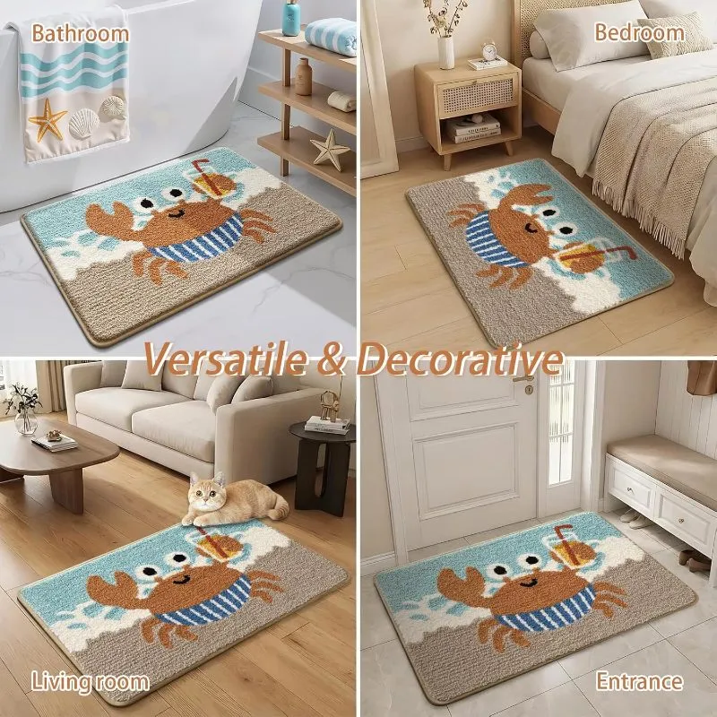 Coastal Happy Crab Flocked Rug