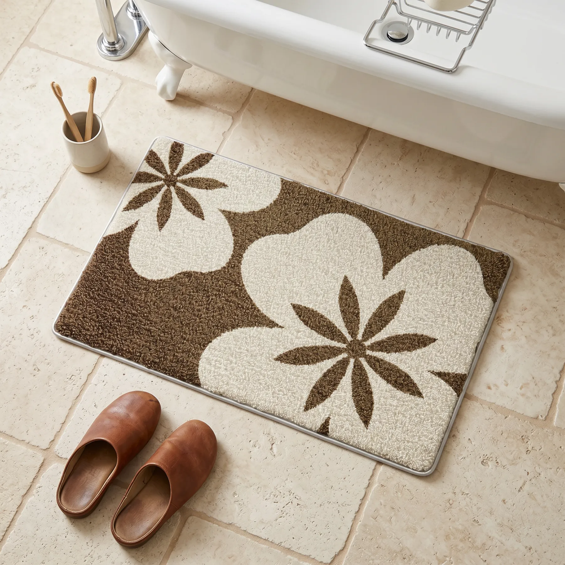 Coffee Floral Flocked Rug