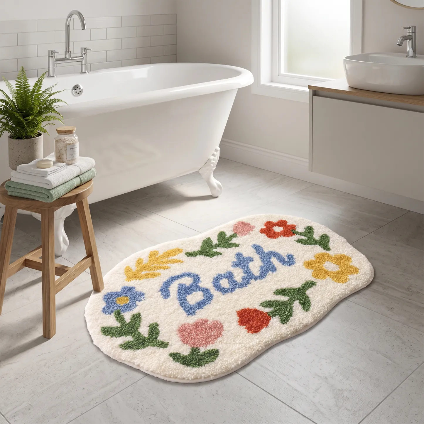 Colorful Floral Bath Letter Flocked Rug