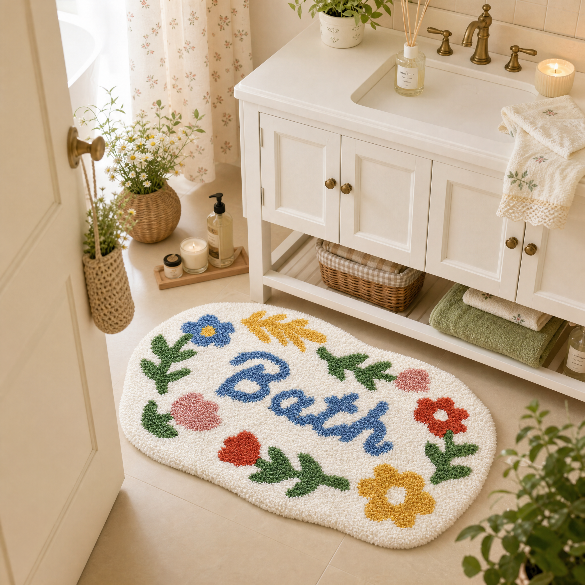 Colorful Floral Bath Letter Flocked Rug
