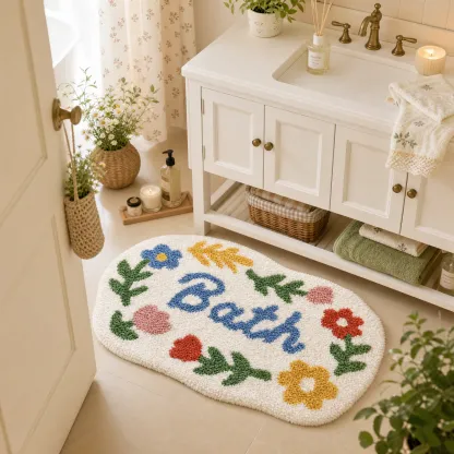 Colorful Floral Bath Letter Flocked Rug