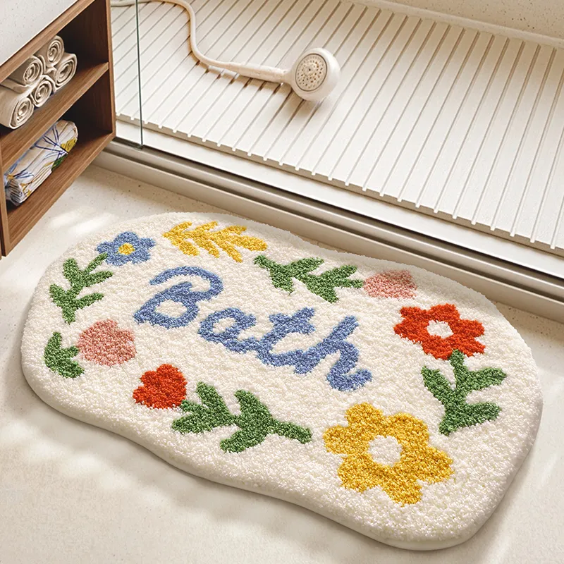 Colorful Floral Bath Letter Flocked Rug