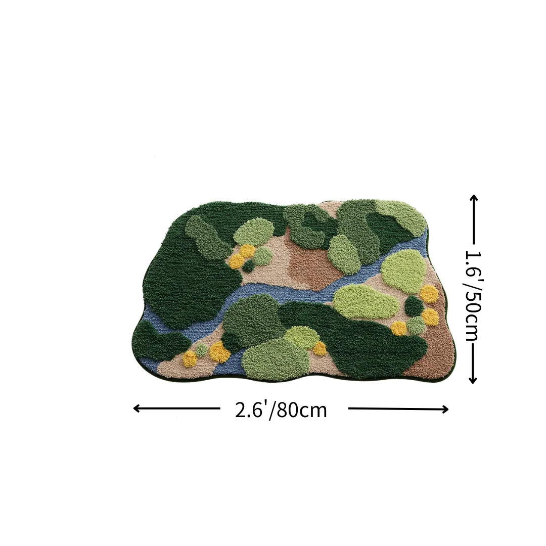 Forest Stream Valley Landscape Flocked Rug