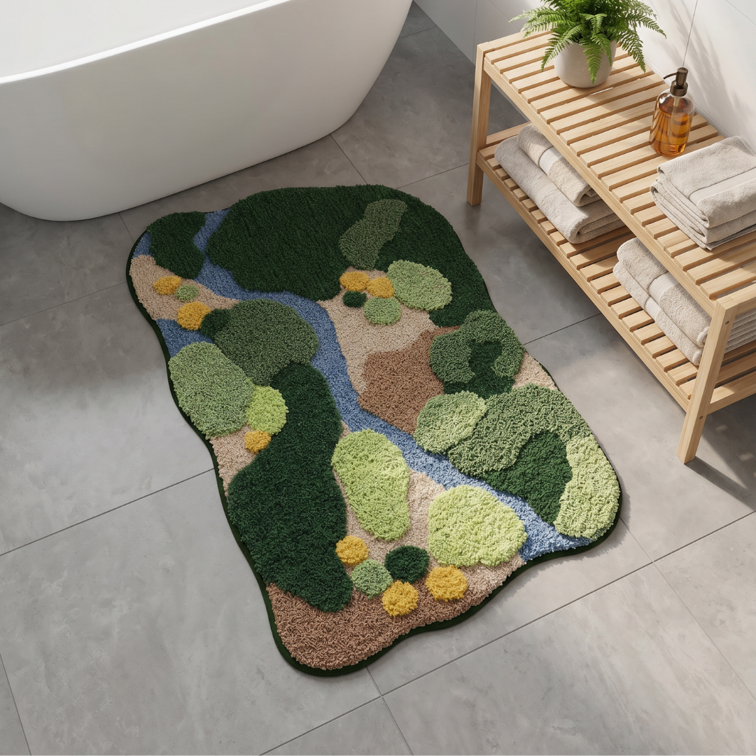 Forest Stream Valley Landscape Flocked Rug