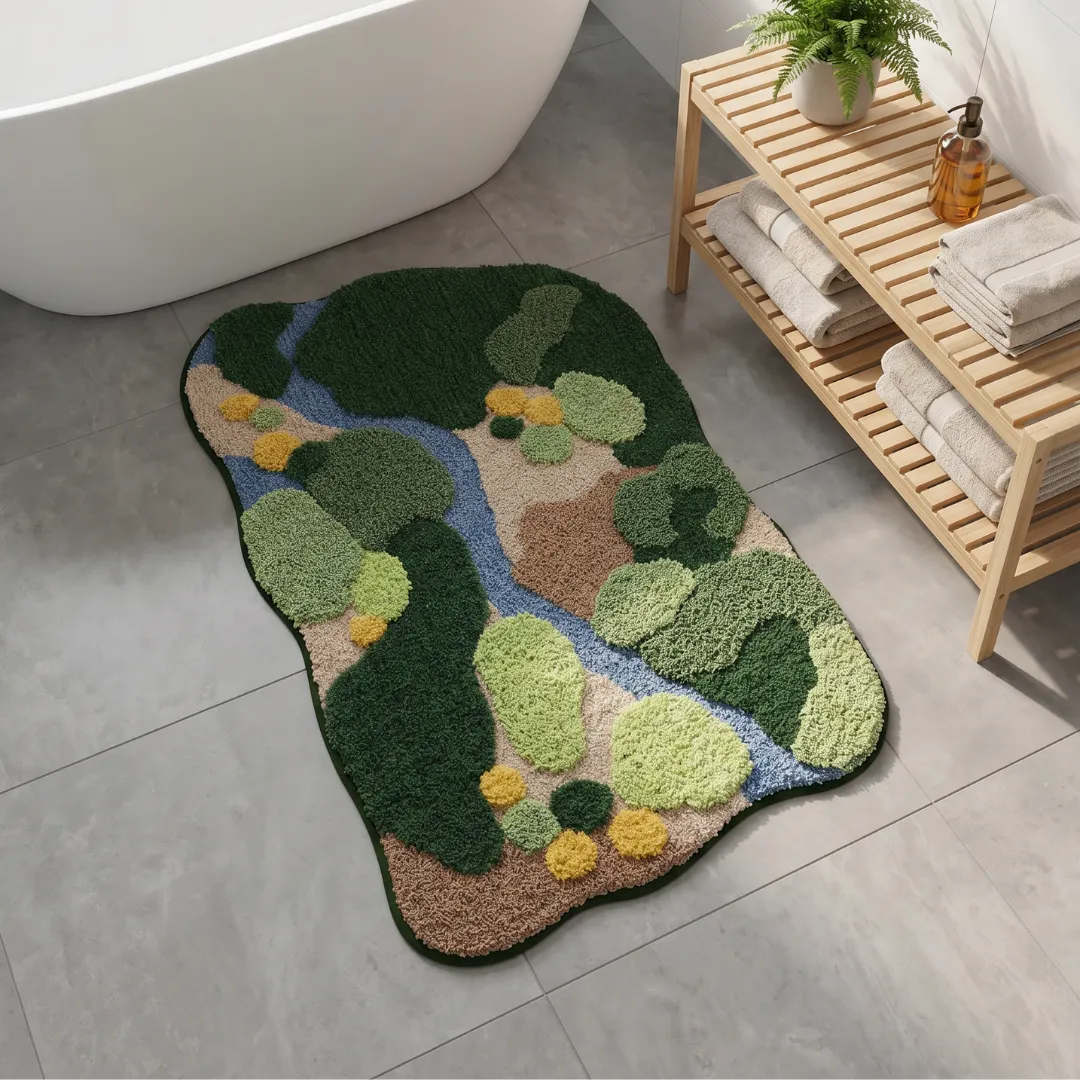 Forest Stream Valley Landscape Flocked Rug