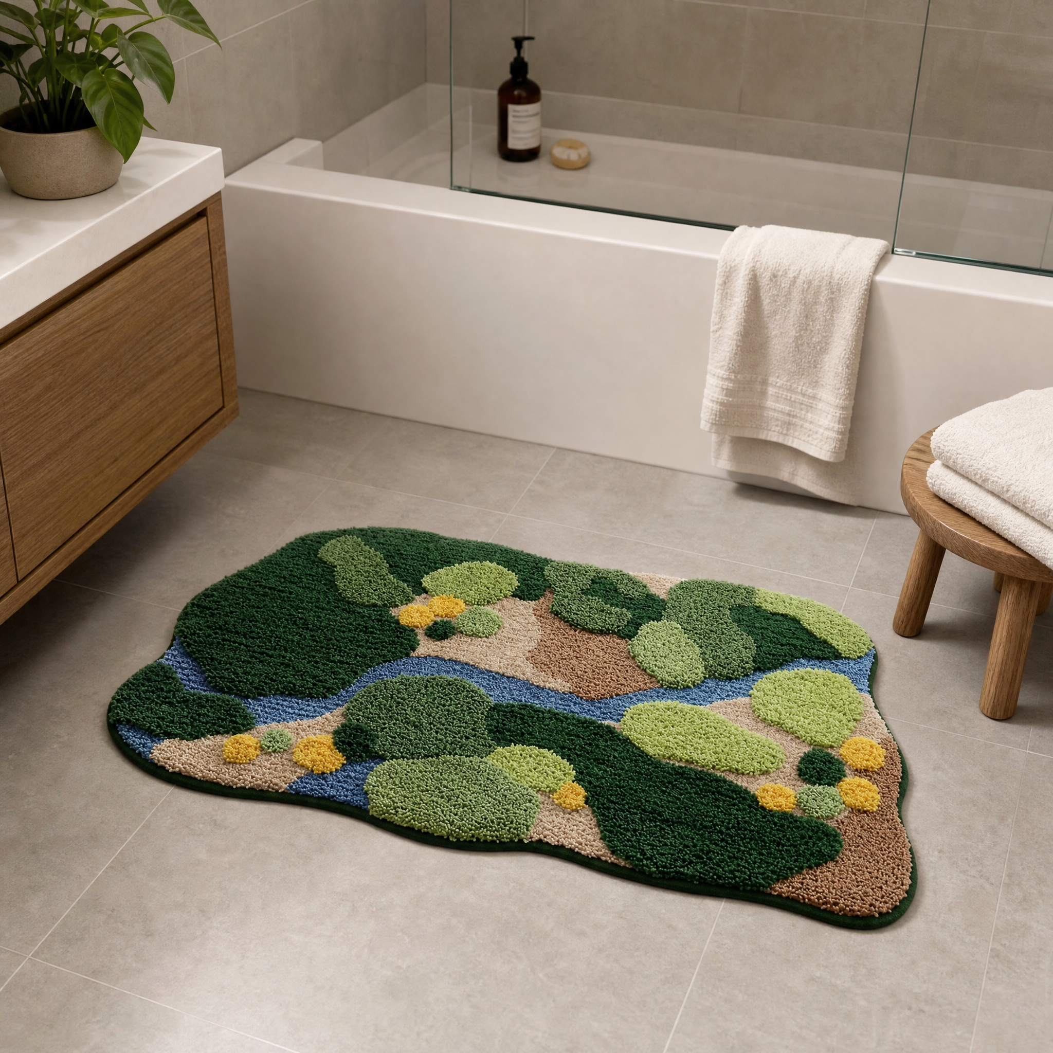 Forest Stream Valley Landscape Flocked Rug