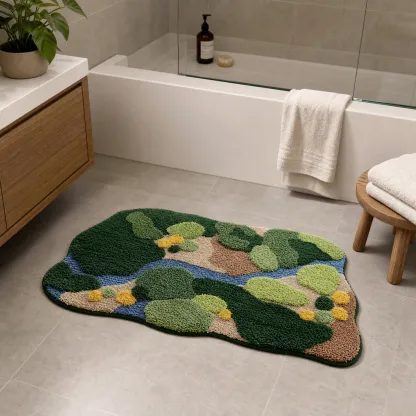 Forest Stream Valley Landscape Flocked Rug