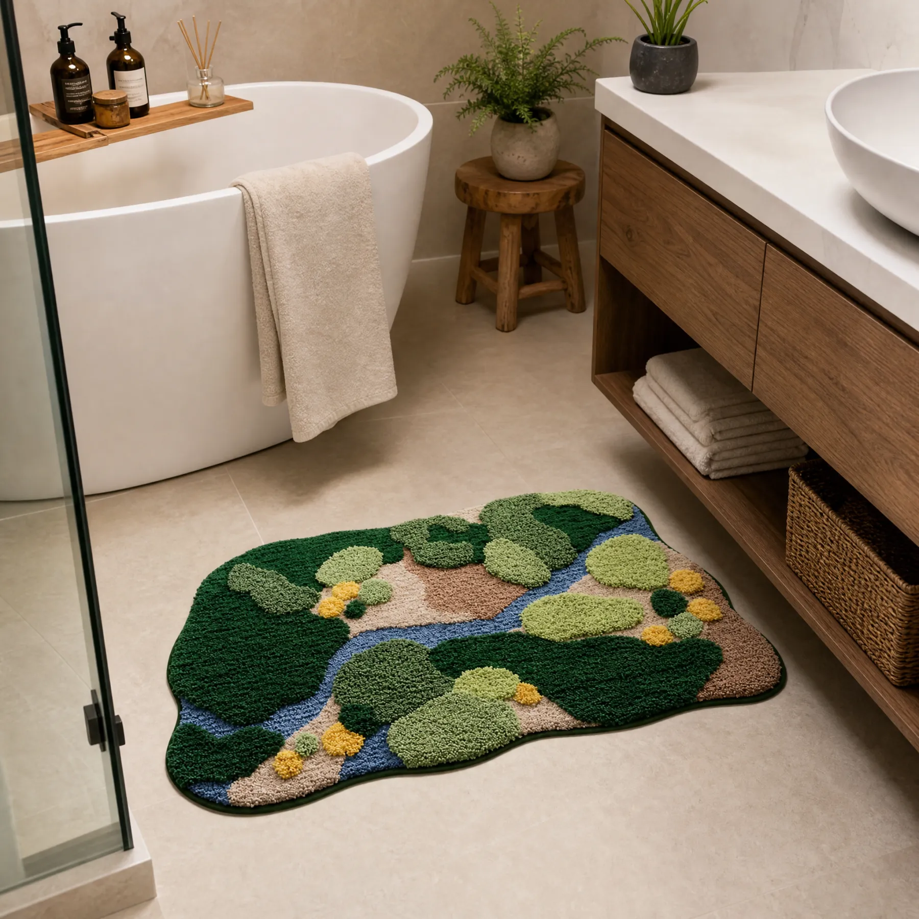 Forest Stream Valley Landscape Flocked Rug