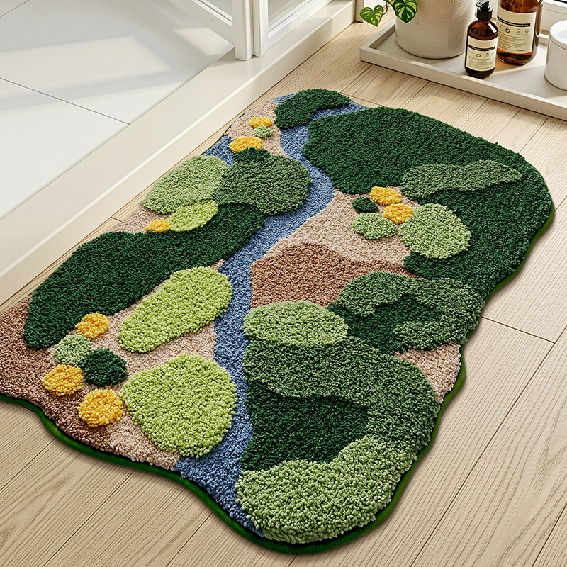 Forest Stream Valley Landscape Flocked Rug