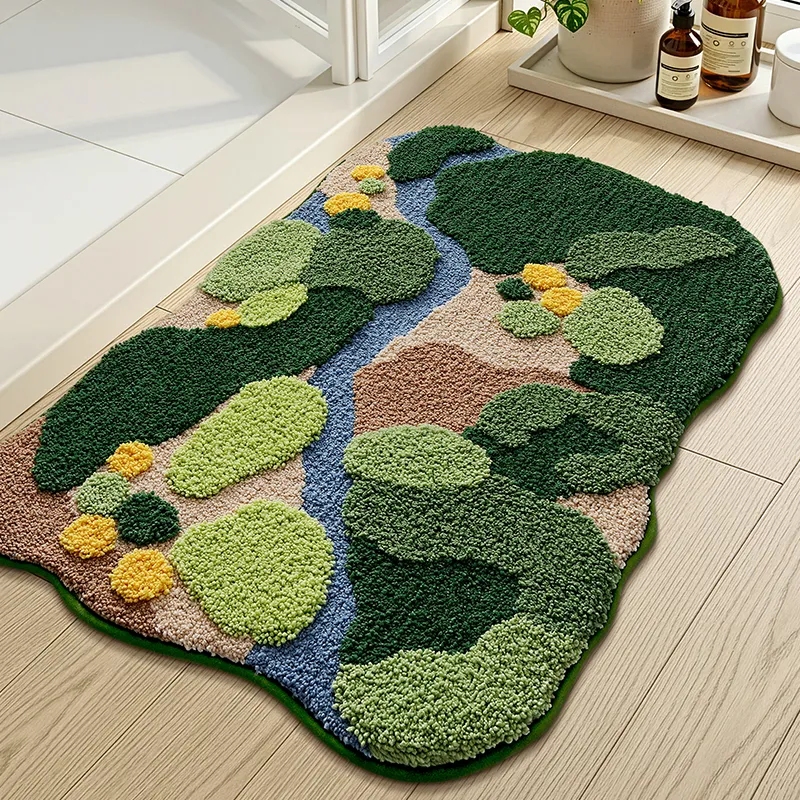 Forest Stream Valley Landscape Flocked Rug