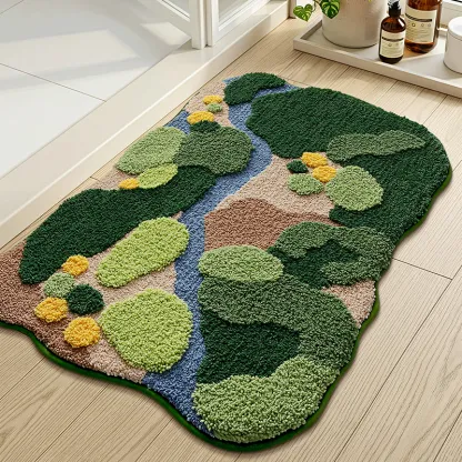 Forest Stream Valley Landscape Flocked Rug