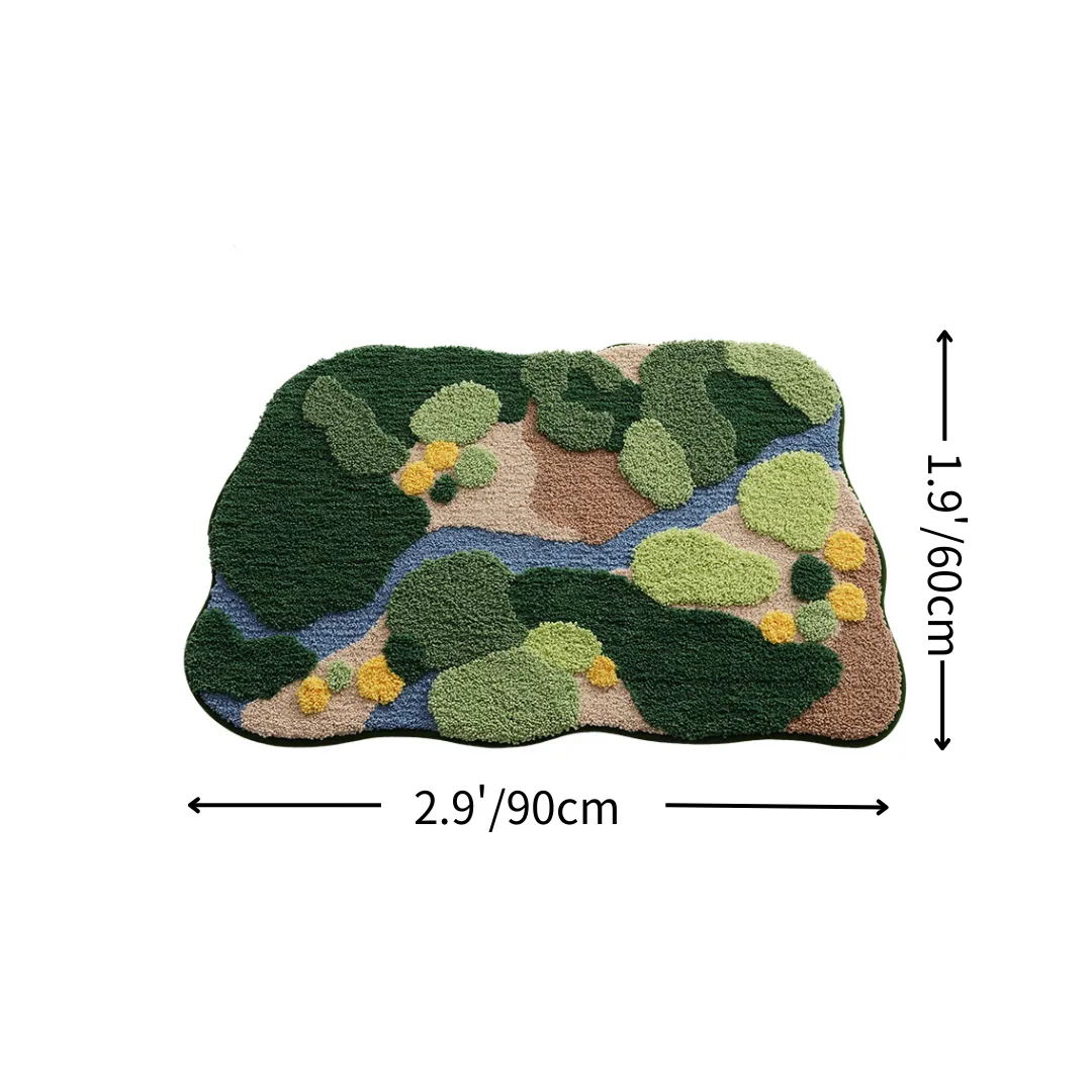 Forest Stream Valley Landscape Flocked Rug