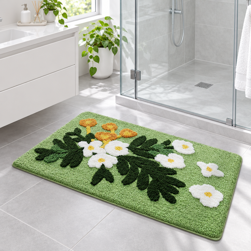 Green Garden Daisy Flocked Rug