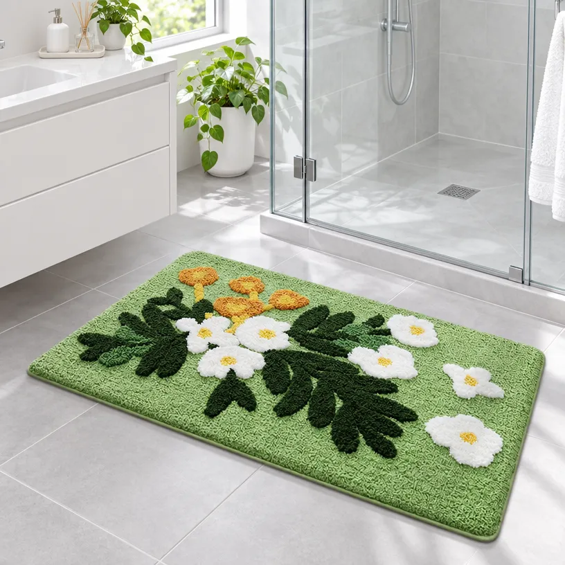 Green Garden Daisy Flocked Rug