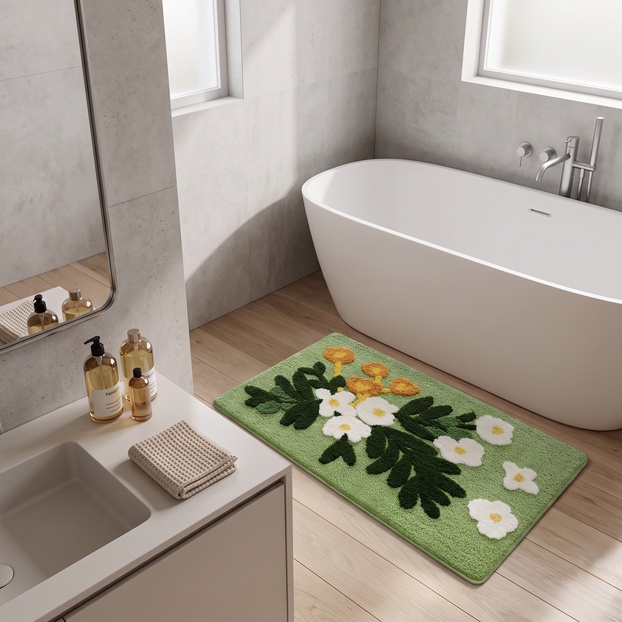 Green Garden Daisy Flocked Rug