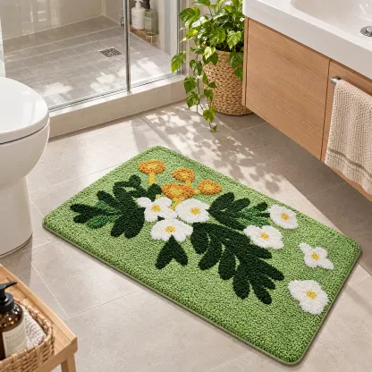Green Garden Daisy Flocked Rug
