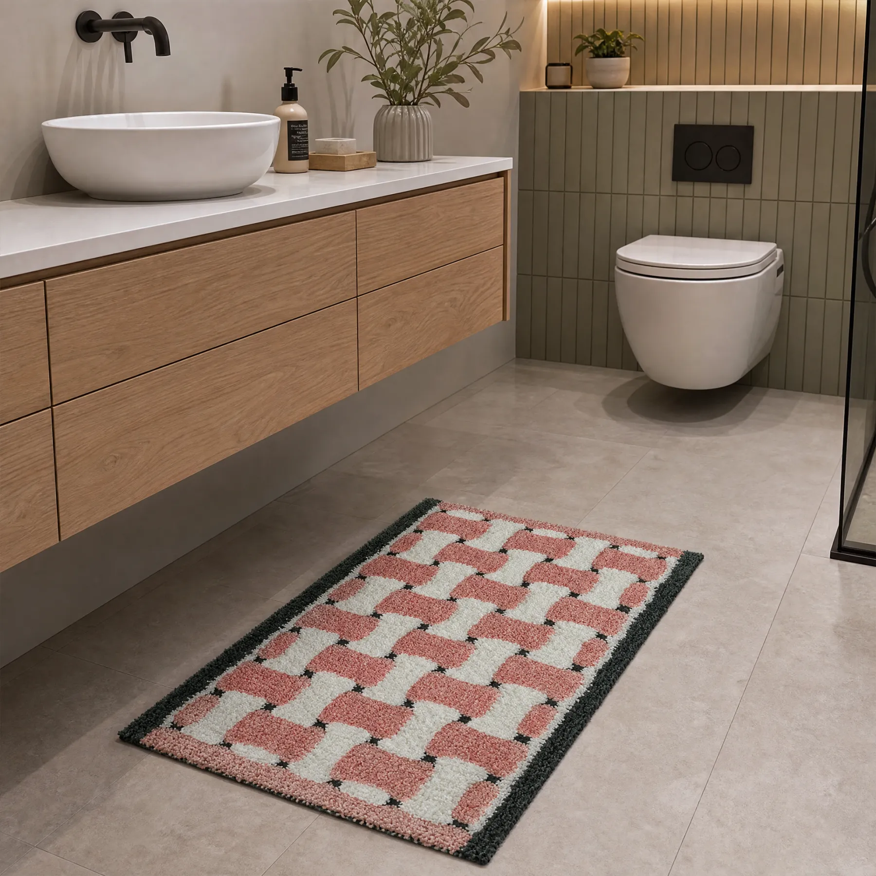 Pink Tone Woven Grid Flocked Rug