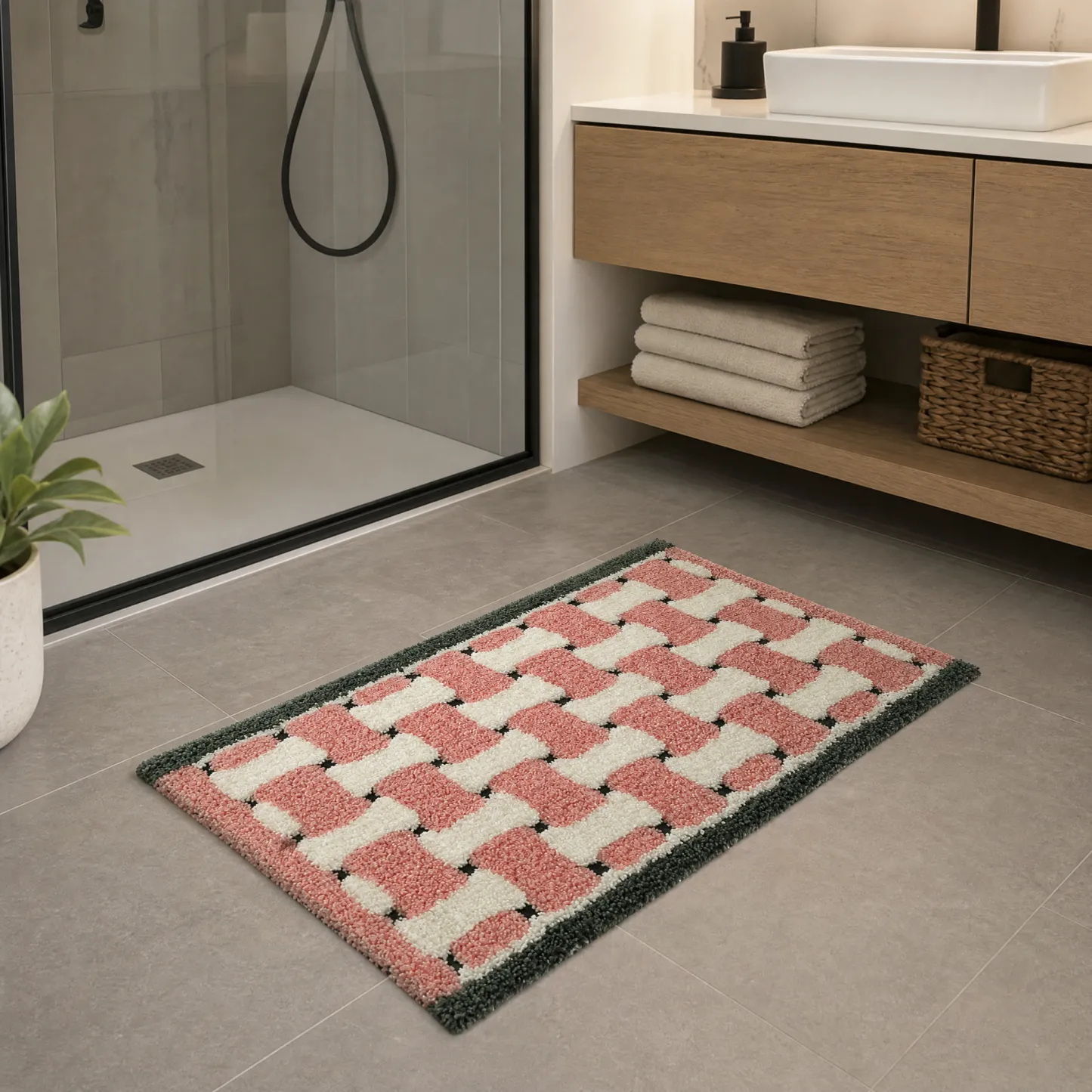 Pink Tone Woven Grid Flocked Rug