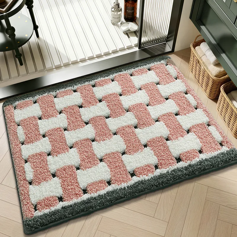 Pink Tone Woven Grid Flocked Rug