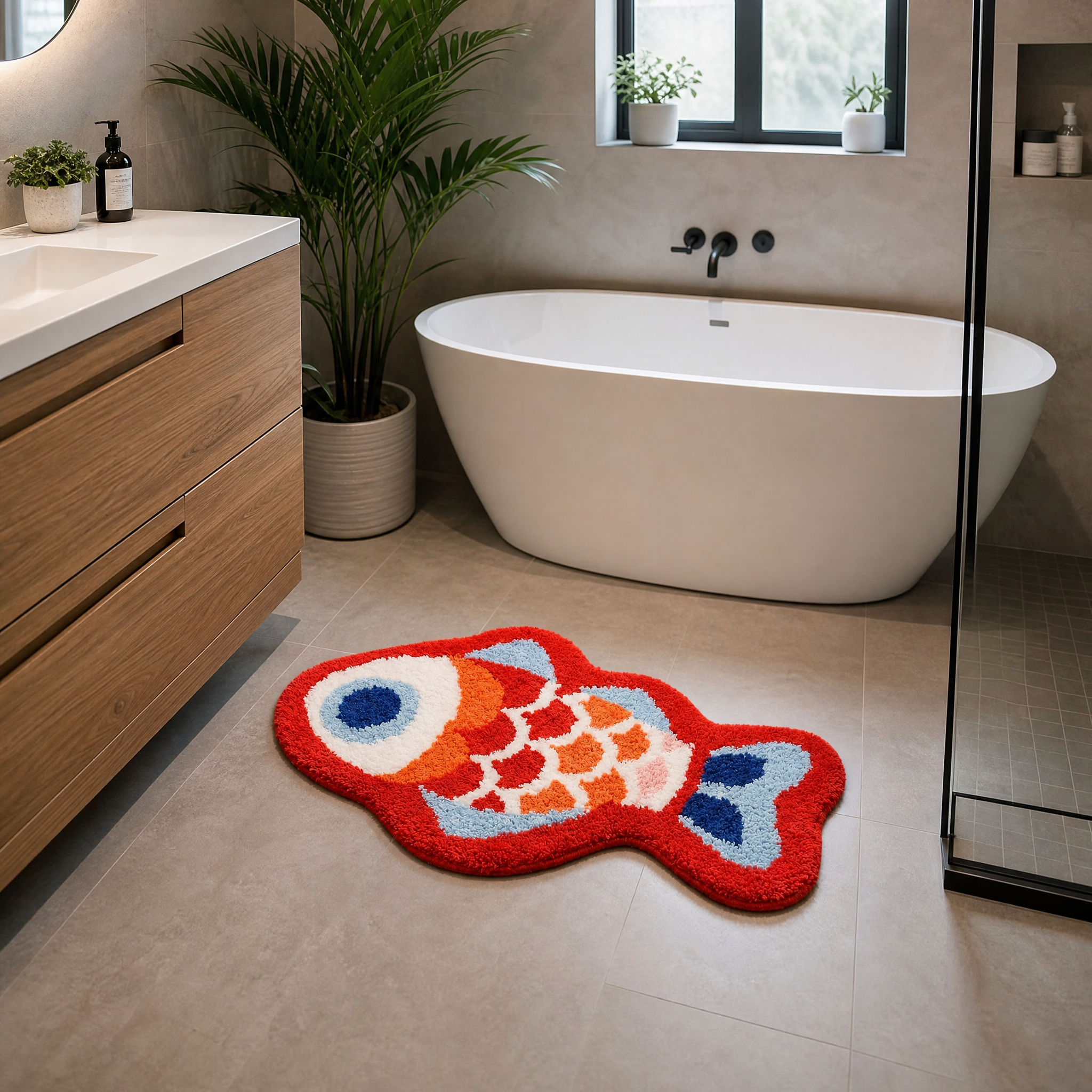 Red Lucky Koi Fish Flocked Rug
