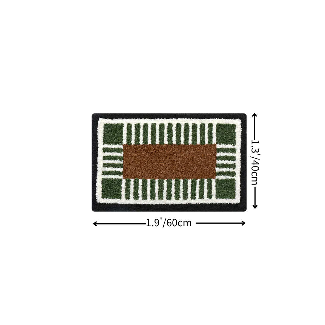 Vintage Green Brown Grid Flocked Rug
