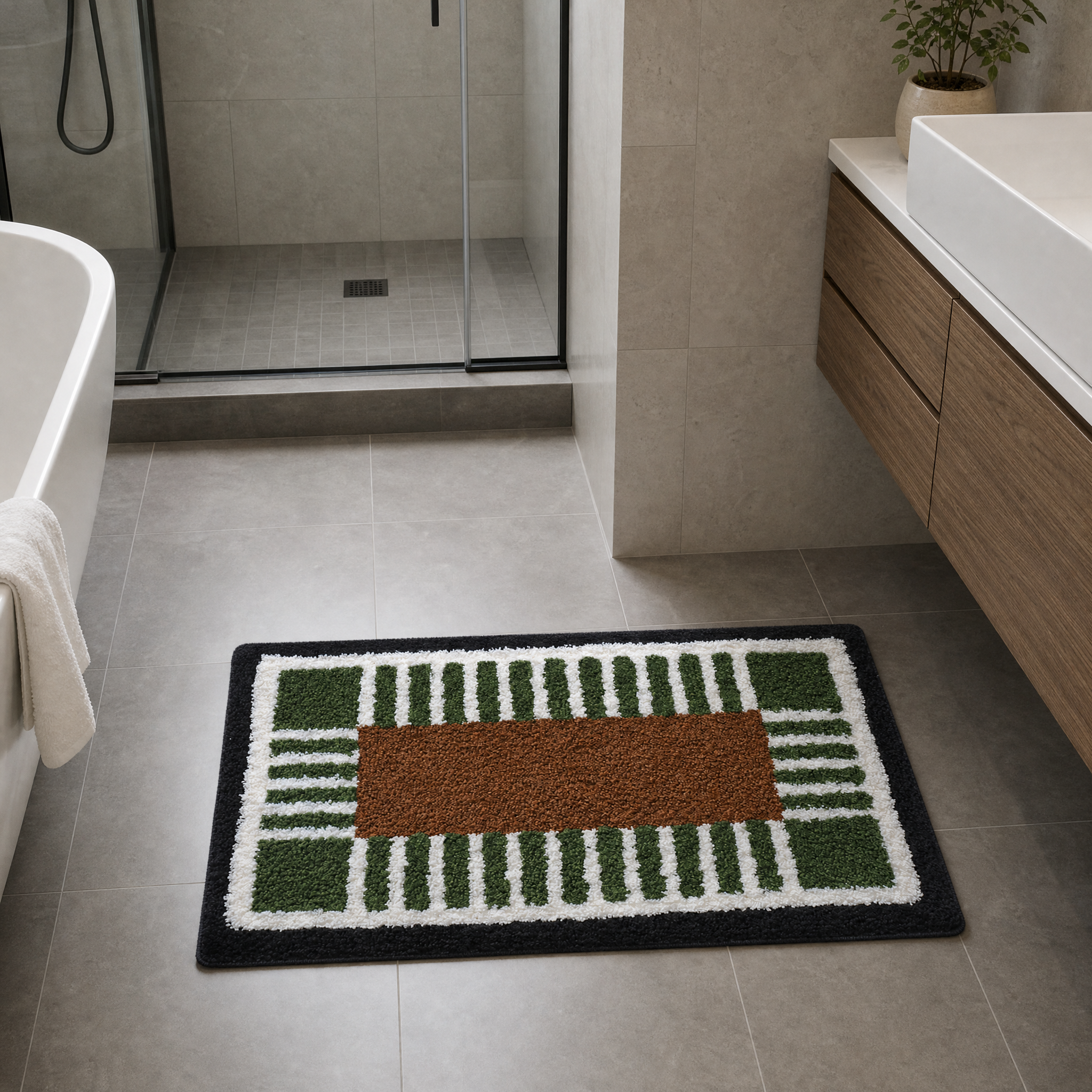 Vintage Green Brown Grid Flocked Rug