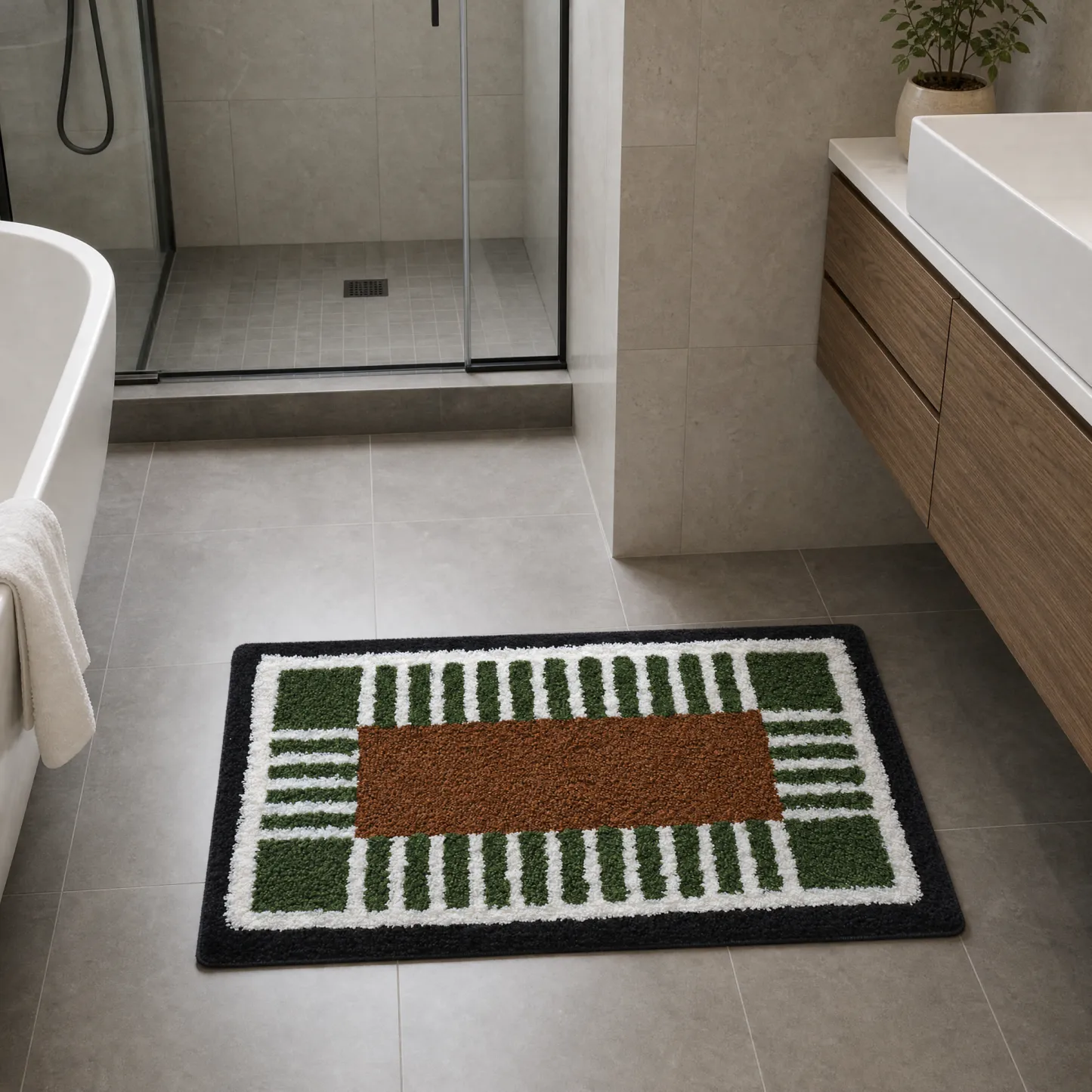 Vintage Green Brown Grid Flocked Rug