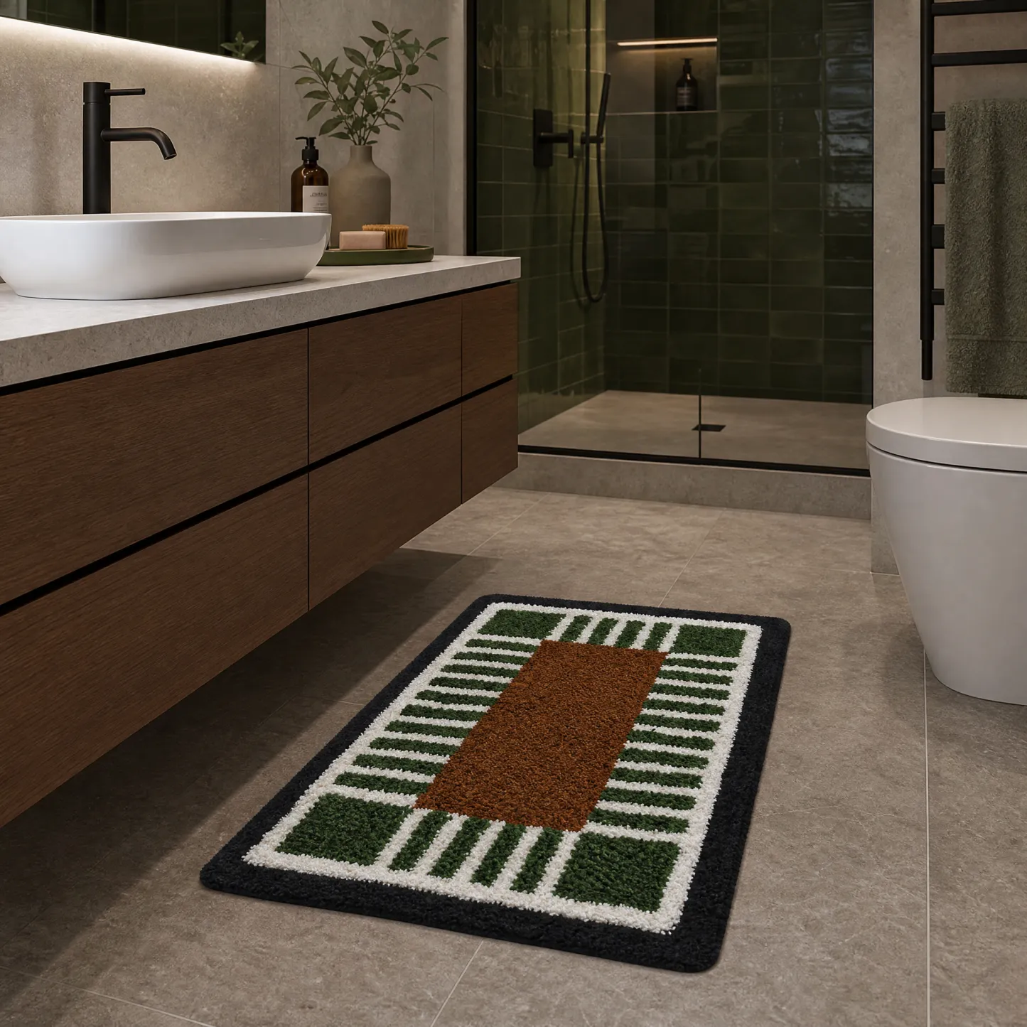 Vintage Green Brown Grid Flocked Rug