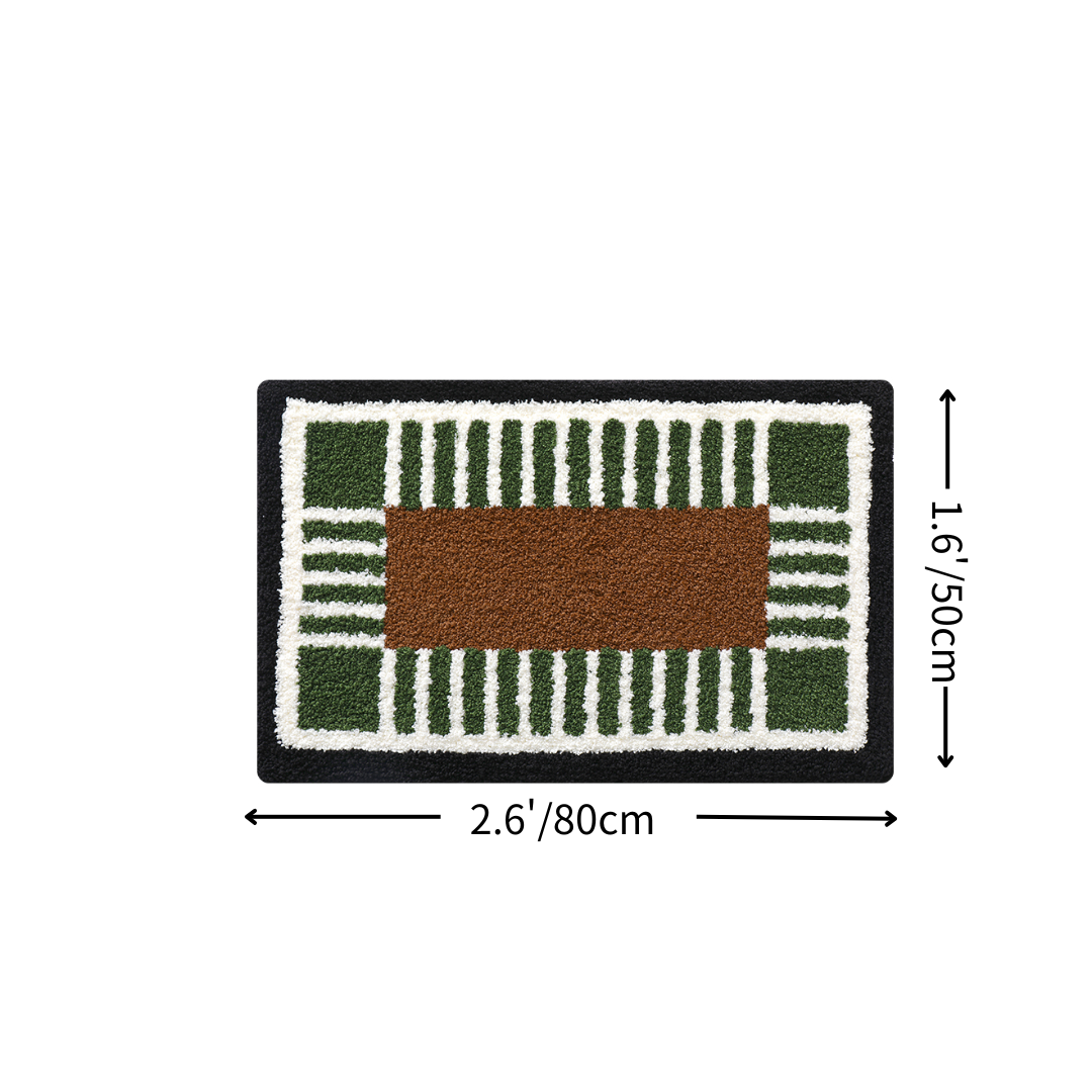 Vintage Green Brown Grid Flocked Rug