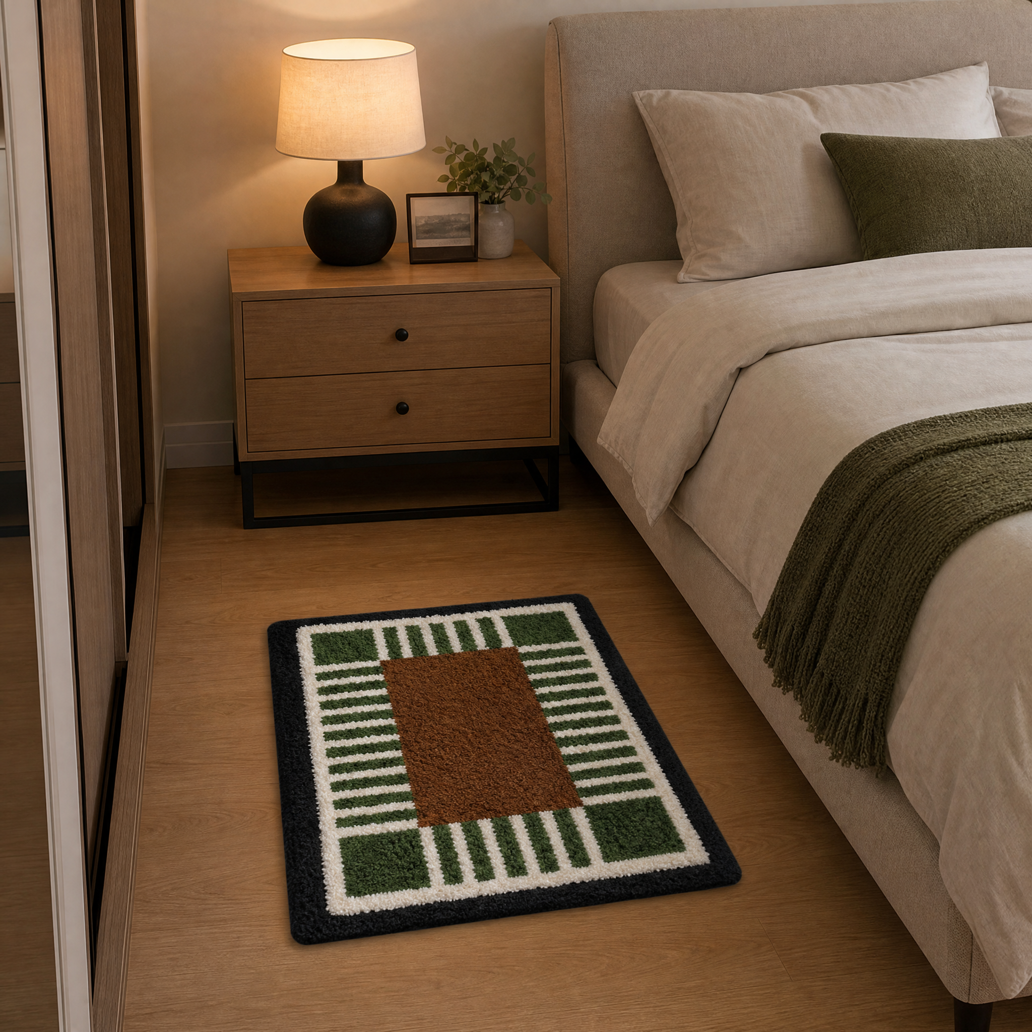 Vintage Green Brown Grid Flocked Rug