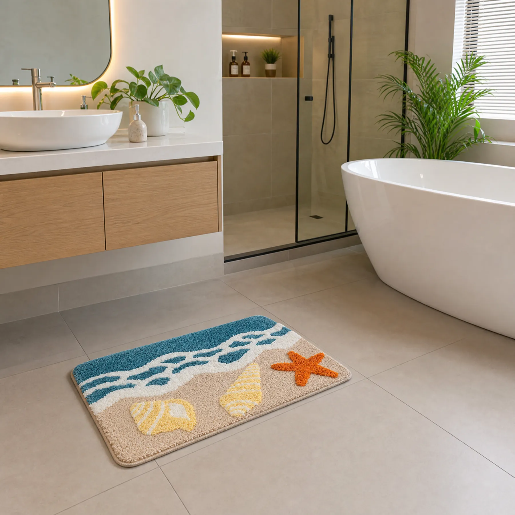 Wave Shell Starfish Flocked Rug