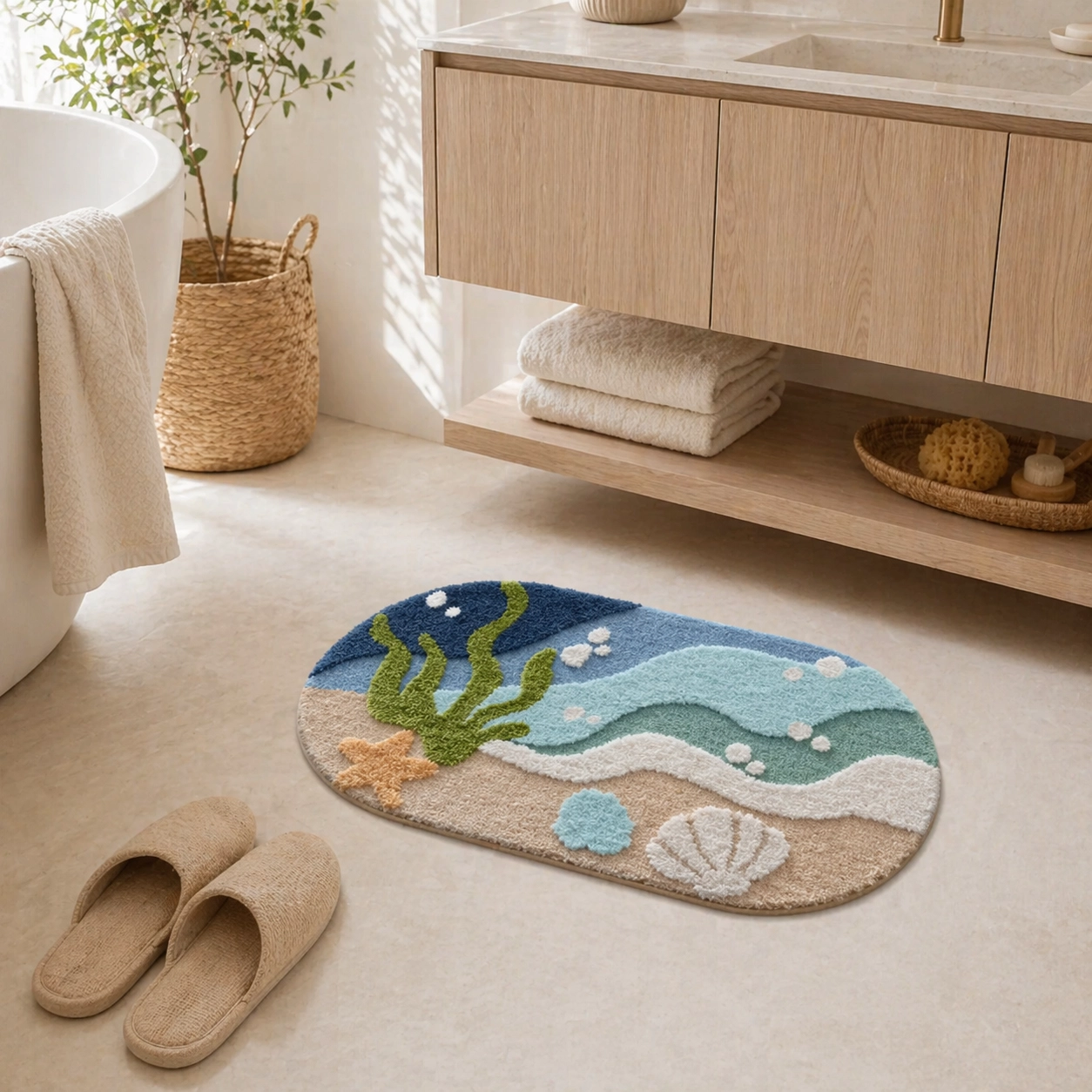 Coastal Seascape Flocked Rug
