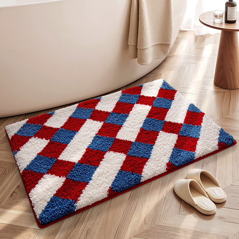 Red Blue Checkered Flocked Rug