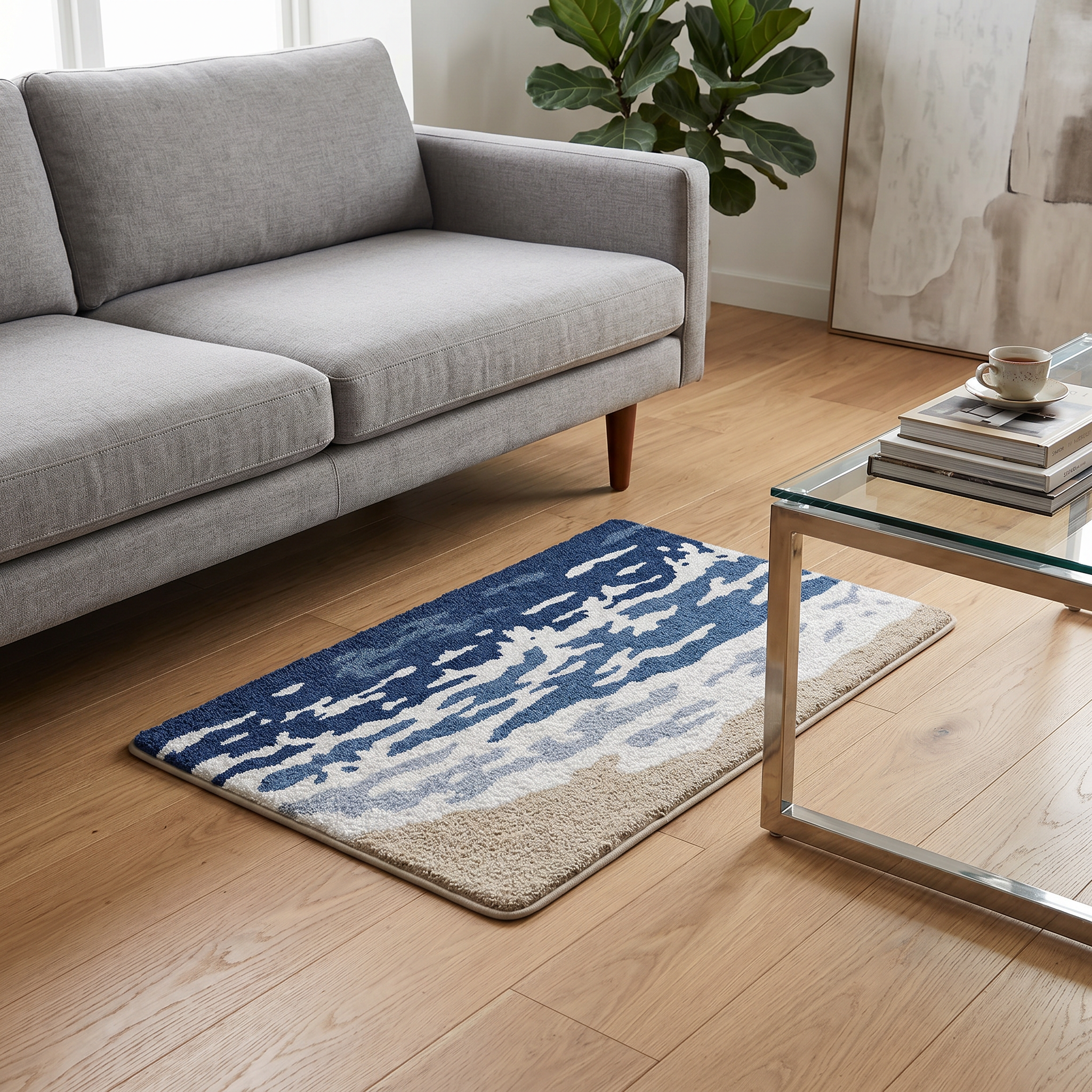Ocean Wave Shoreline Flocked Rug