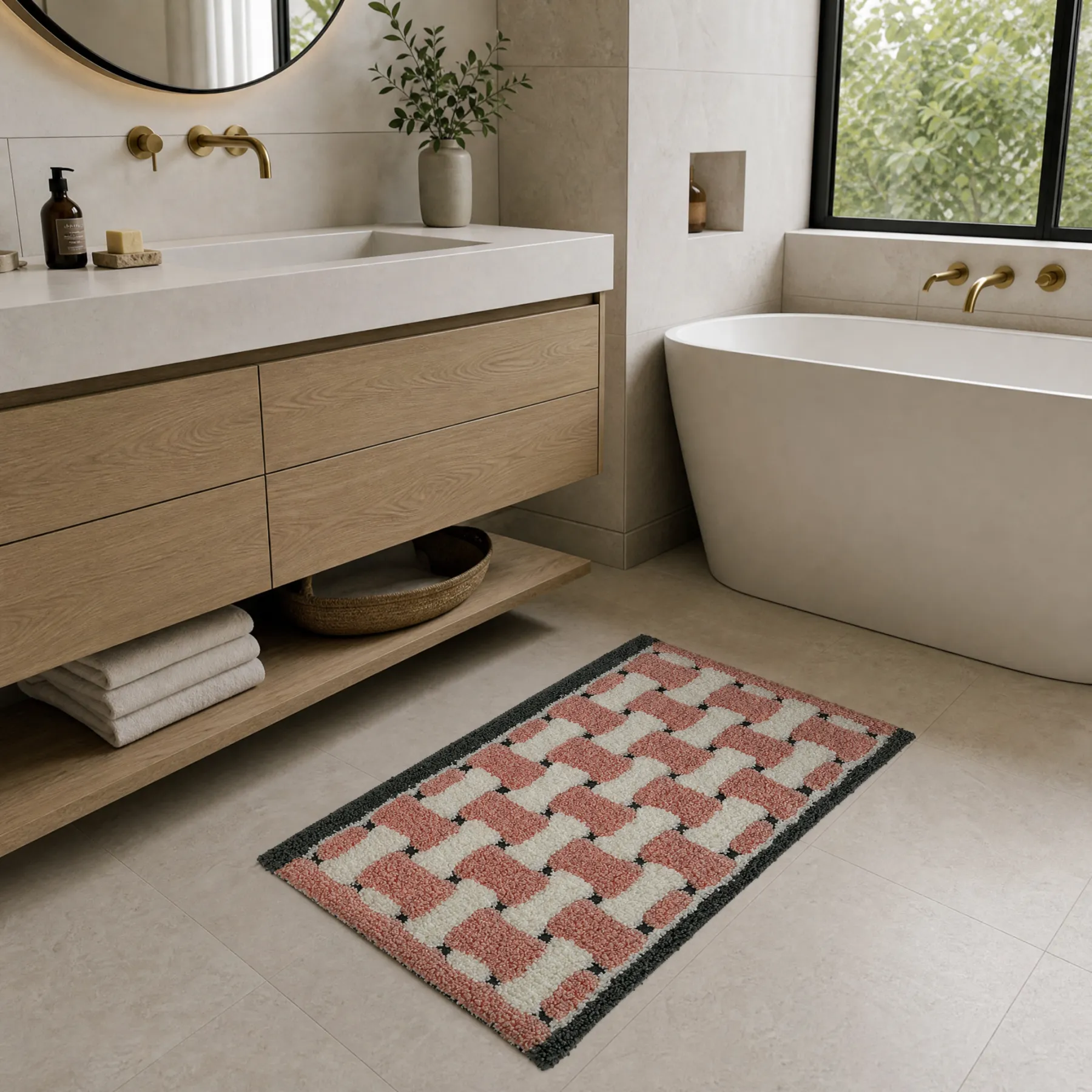Pink Tone Woven Grid Flocked Rug