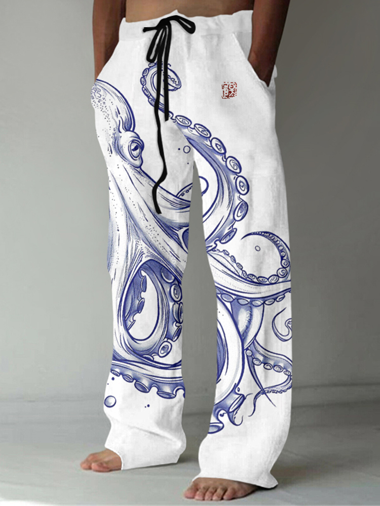 Japanese Art Vintage Octopus Print Casual Linen Blend Pants