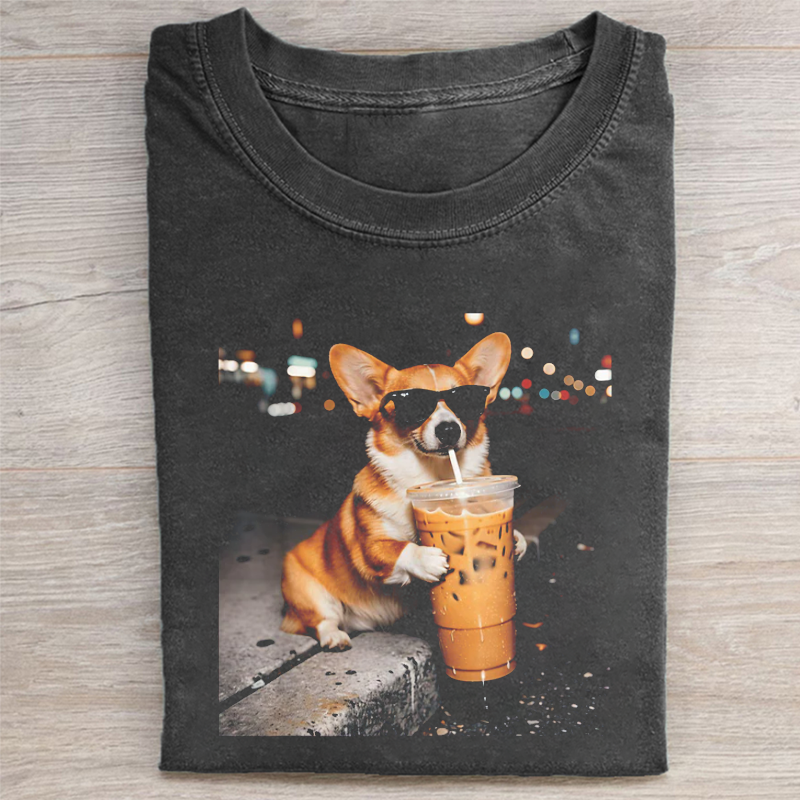 Funny Corgi Drinking Iced Coffee T-shirt