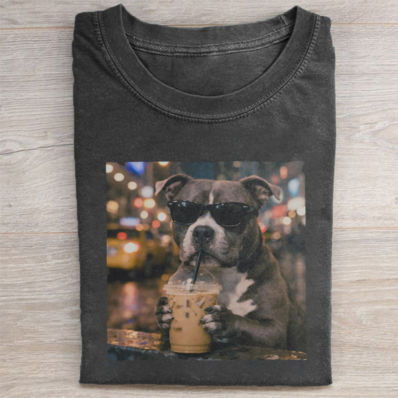 Funny Pitbull Drinking Iced Coffee T-shirt