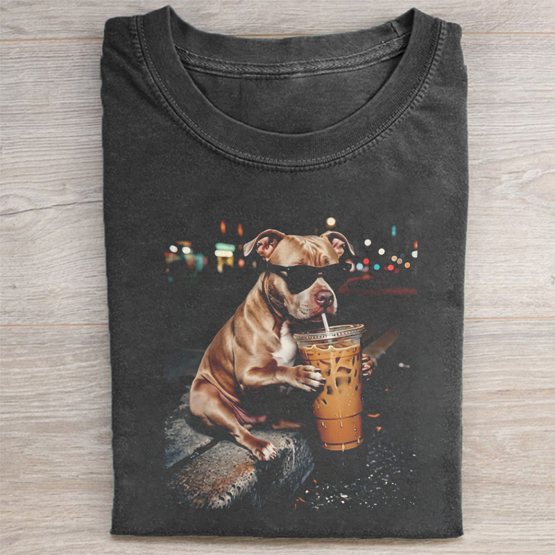 Funny Pitbull Drinking Iced Coffee T-shirt