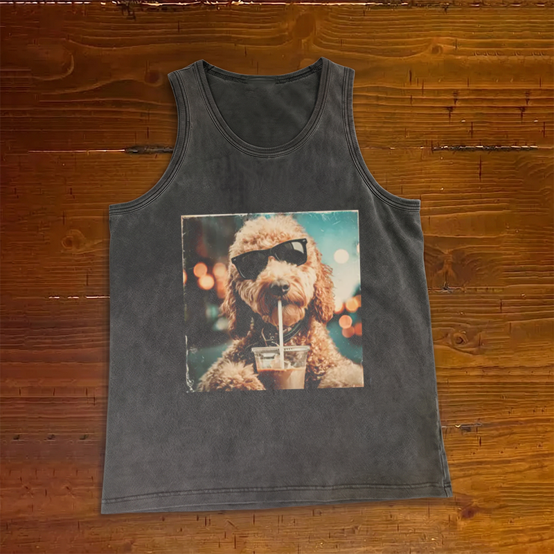 Funny Goldendoodle DrinkingIced Coffee Tank