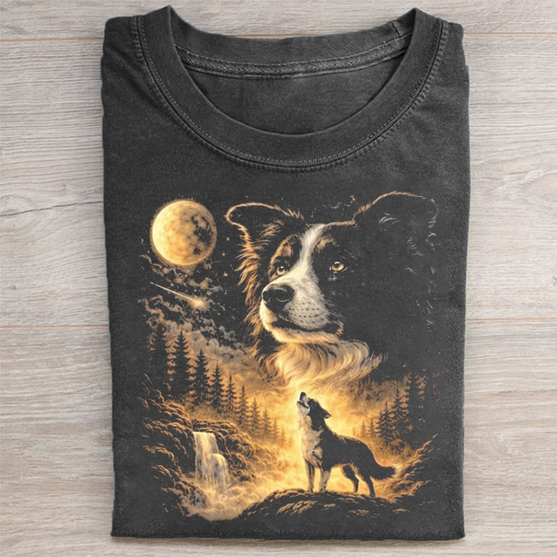 Border Collie Howling to The Moon Vintage T-shirt