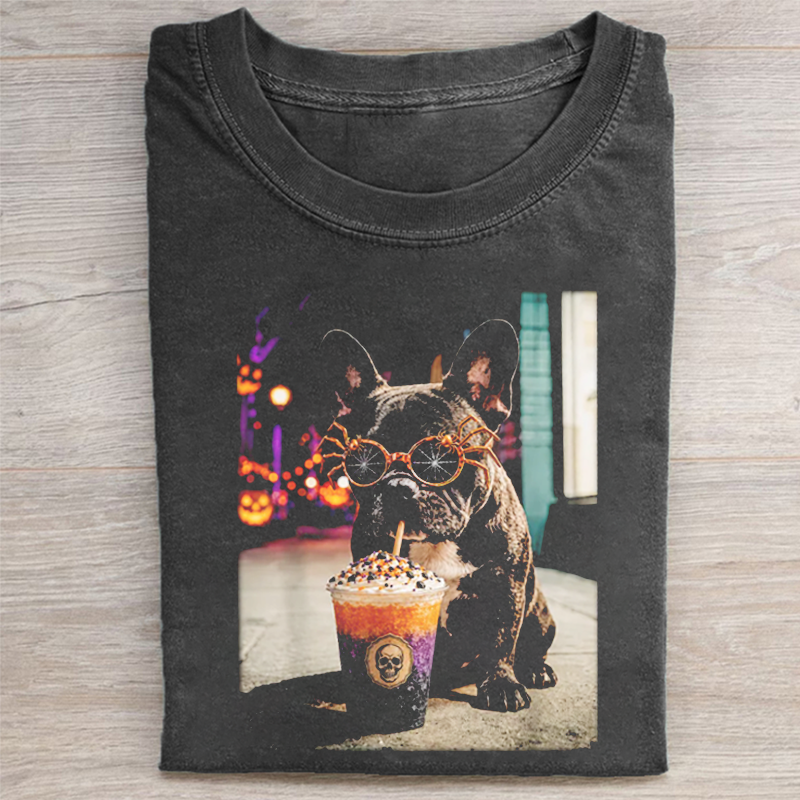 Halloween French Bulldog Drinking Coffee Slush Gildan T-shirt