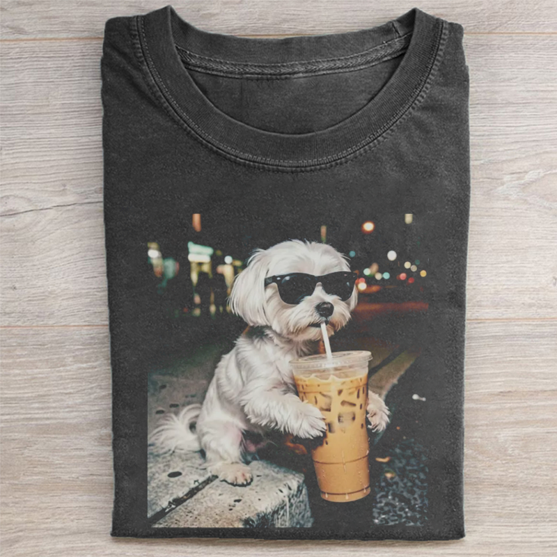 Funny Maltese Drinking Iced Coffee T-shirt