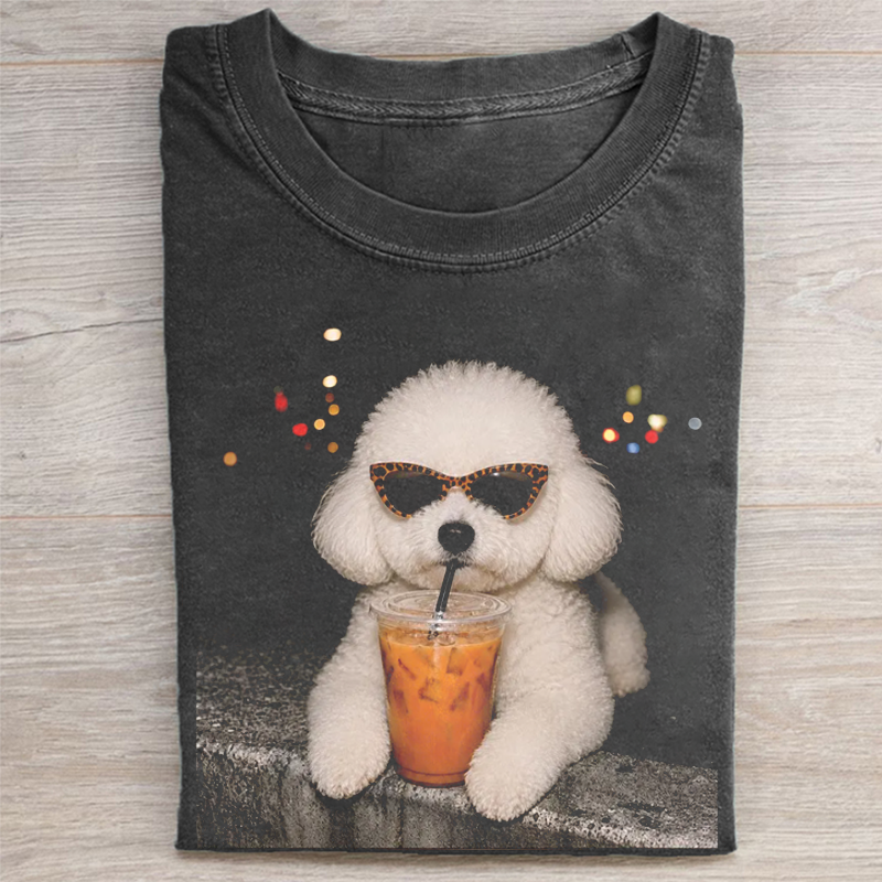 Funny Bichon Frise Drinking Iced Coffee Dog Meme T-shirt